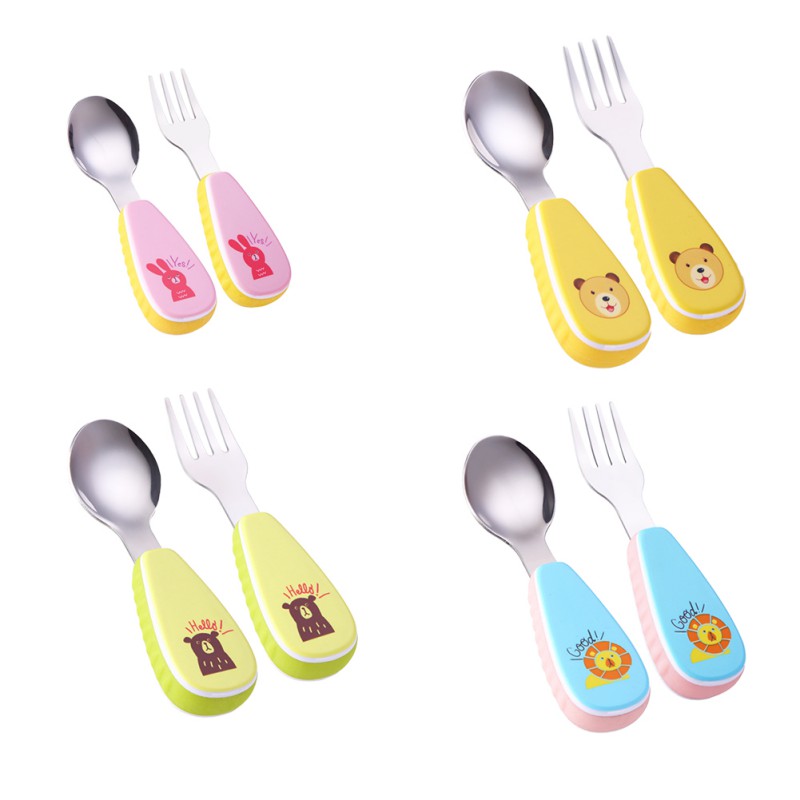 2pcs / set Baby Table Feeding Sponge Lovely Print Cartoon Baby Kids Feeding Spoon + Fork tainless Steel Baby Spoon 2018