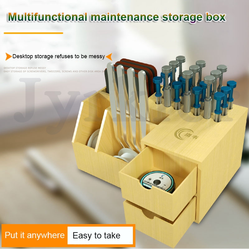 Wooden Multi-Function Storage Box Mobile Service Container Screwdriver/Tweezer Storage Rack Repair Tool Parts Deposit