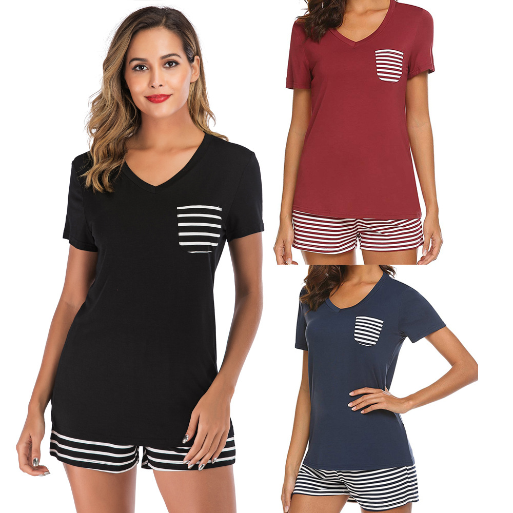 Striped bedroom set Women Summer 2020 Casual Modal Striped Print Short Sleeve T Shirt and Shorts Set 2 Piece Set Two Piece Sets