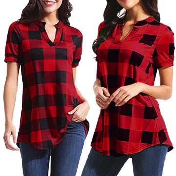 Hot Sale Women Tops And Blouses Casual Plaid Printed Short Sleeve V-neck Irregular Hem Blouse Shirt Plus Size Рубашка Клетчатая
