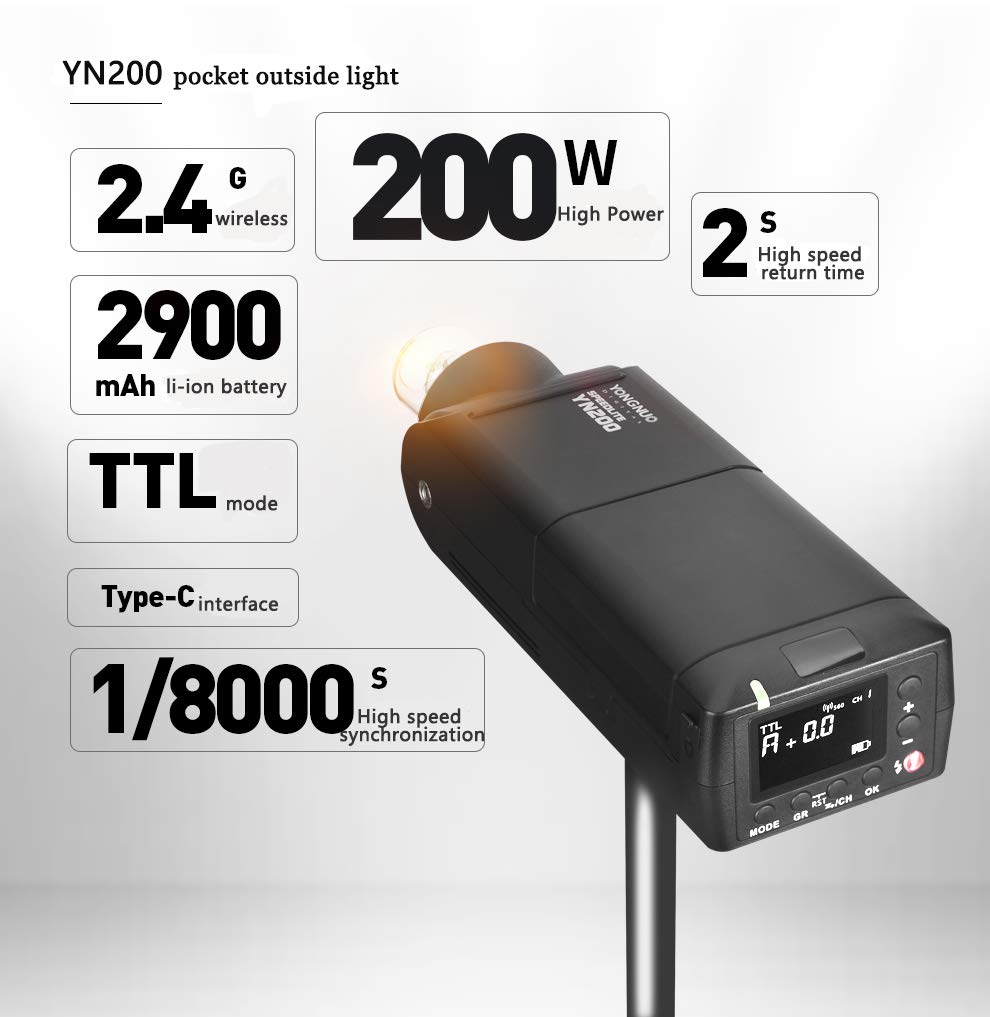 YONGNUO YN200 TTL HSS 2.4G 200W Lithium Battery with USB Type C,Compatible YN560-TX (II)/YN560-TX Pro/YN862 for Canon Nikon