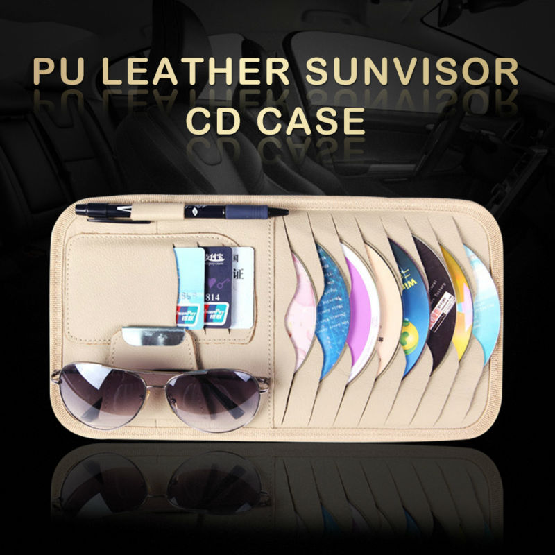 Car CD DVD Holder Disc PU Leather Storage Media Case Sunglasses Card Organizer Sun Visor Sunshade Sleeve Wallet Clips