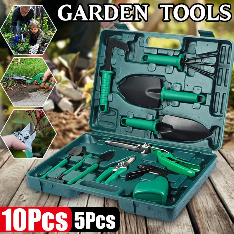 10Pcs Garden Tools Set Shovel Sprayer Digging Weeder Rake Pruning Shears Gardening Tools Kit Non-Slip Handle with Box