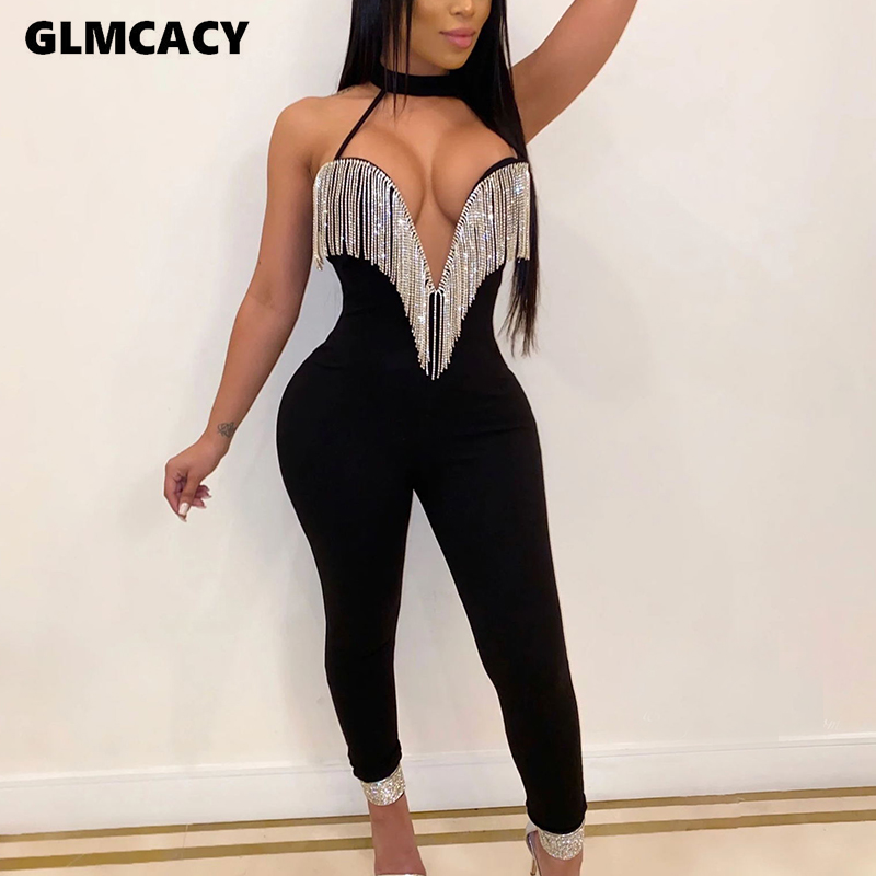 Women Plus Size Halter Backless Crystal Tassels Bodycon Jumpsuit Sleeveless Skinny Sexy & Club Shining Sparkly Party Overall