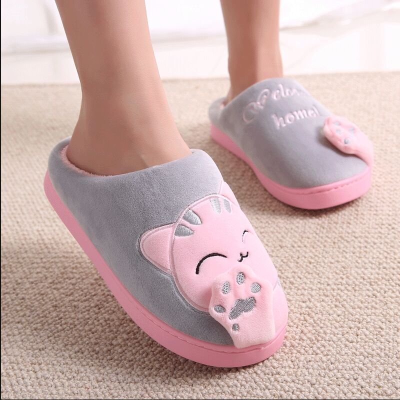 Cat Animal Prints Cute Home Slippers Short Plush Warm Soft Cotton Women Slippers Loves Floor Indoor Shoes Women Large Size 45
