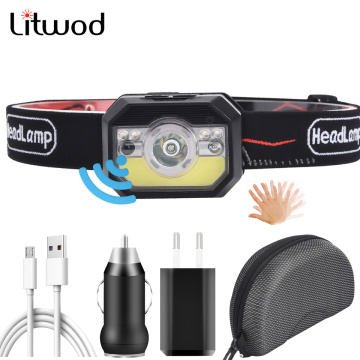 XP-G Q5 Sensor Headlamp Head Lamp Headlight Waterproof Led Built in Usb Rechargeable Battery Running Lights Red COB Bulb Litwod