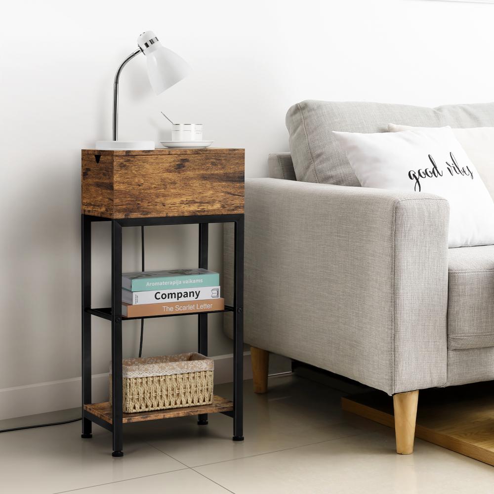 Rustic Brown Bedside Table with Charging Ports