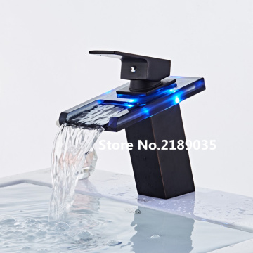 Three Colours LED Light Glass Waterfall Basin Faucet for Bathroom The Black Deck Mount Square Vanity Sink Mixer Tap NVT-8889