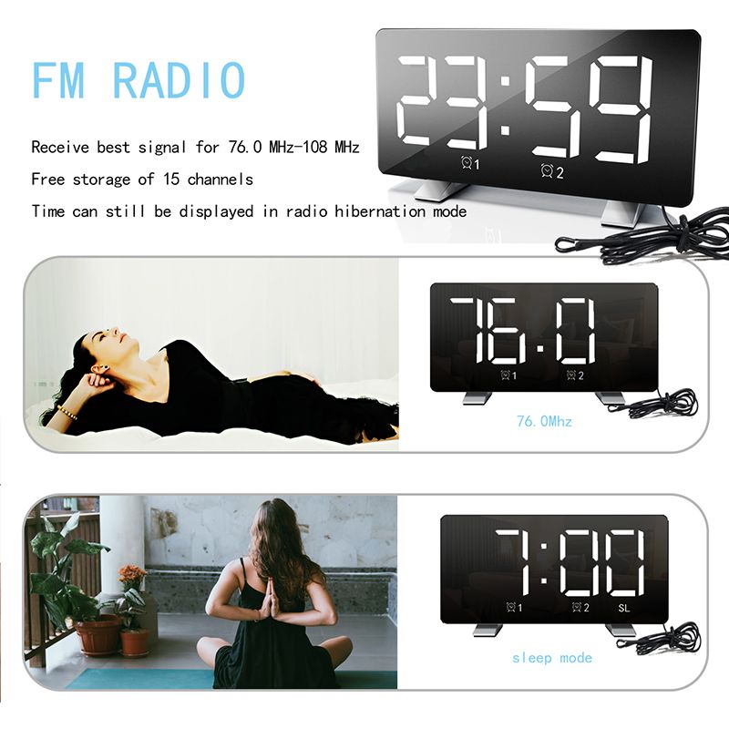 USB LED Alarm Clock FM Radio Digital Snooze Table Clock Wake Up Light Electronic Clock Dual Alarms Setting Home Decoration Alarm