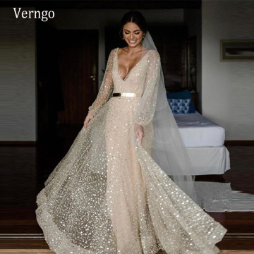 Verngo Champagne Glitter Two Pieces Wedding Dresses With Deatachable Coat Gold Sash 2021 Puff Long Sleeves V Neck Bride Gowns