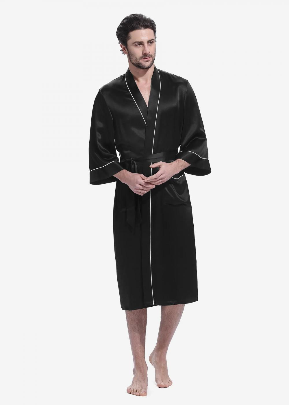 19 Momme Kimono Men's Sleepwear Silk Robe with Piping Pure Color Long Kimono Bathrobes Soft Nightgown