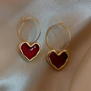 Romantic Red Enamel Heart Hoop Earrings Charm Metal Gold Color Cute Earrings Copper Jewelry Pendientes Mujer Moda 2021