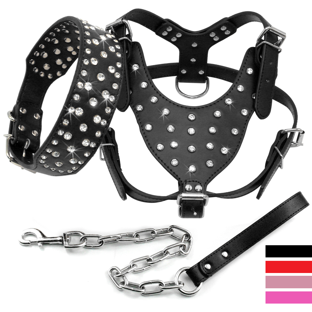 Bling Rhinestone Studded Leather Dog Pet Collar Harness Leash 3pcs Set Walking Medium Large Dogs Pitbull Boxer Pink Black M L XL