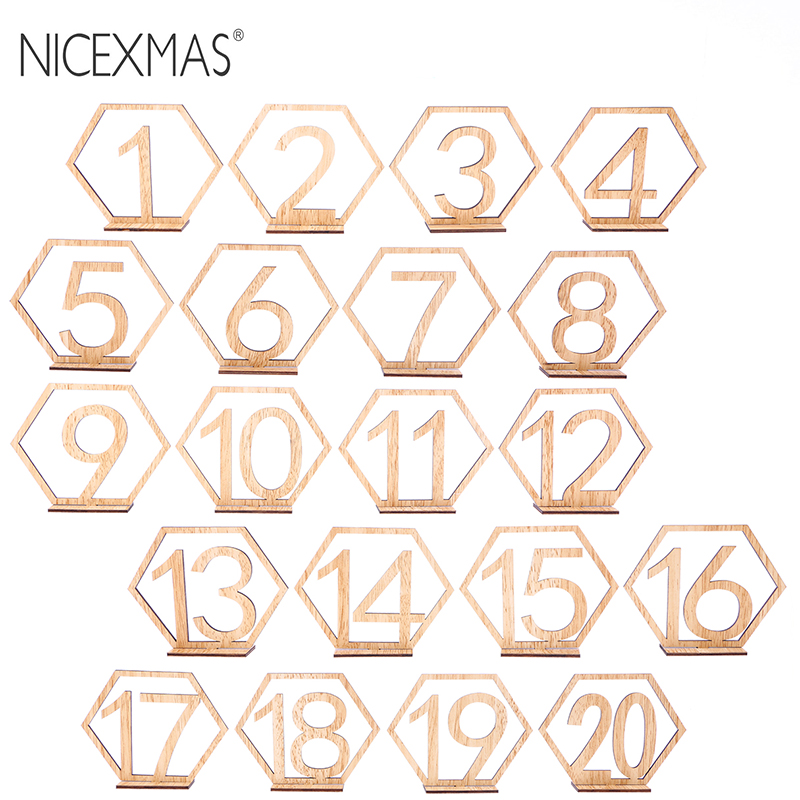 NICEXMAS 20pcs Hexagon 1-20 Wooden Table Numbers with Holder Base for Wedding Table Party Home Decoration