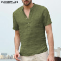 INCERUN Men's Shirts Stand Collar Short Sleeve Button Casual Blouse Streetwear Loose Summer Breathable Male Shirts Chemise 2021