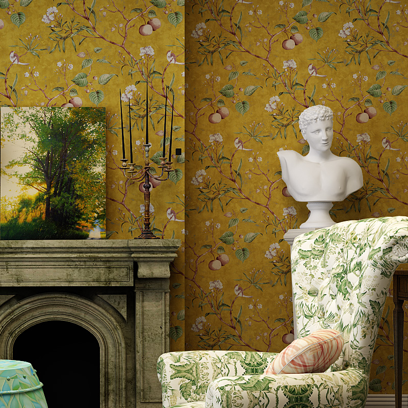 American Pastoral Flower and Bird Wallpaper Vintage Apple Tree Mural Wallpapers Roll Green Yellow Wall Paper Papier Peint QZ035