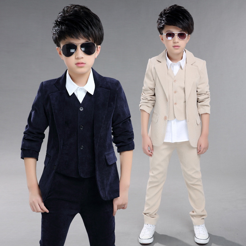 2019 wedding Boys suit Outfits Autumn blue/khaki Clothing sets Boys blazer suit Corduroy Occasion Formal Suits jacket+vest+pants