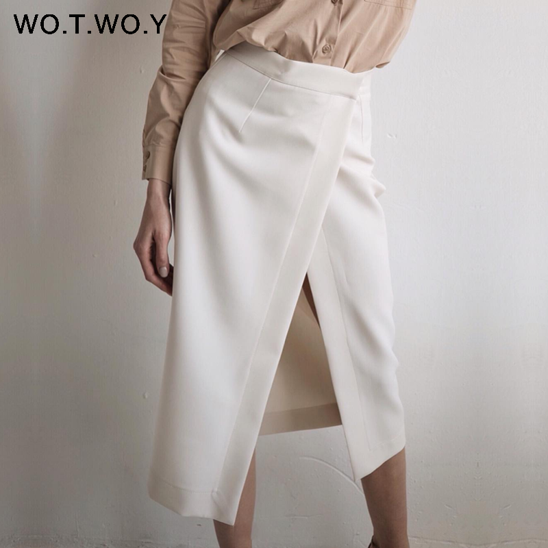 WOTWOY Summer Formal High-Waist Women Skirt 2020 Office Lady Mid-Calf Length Straight Women's Skirt Elegant White Skirt Femme