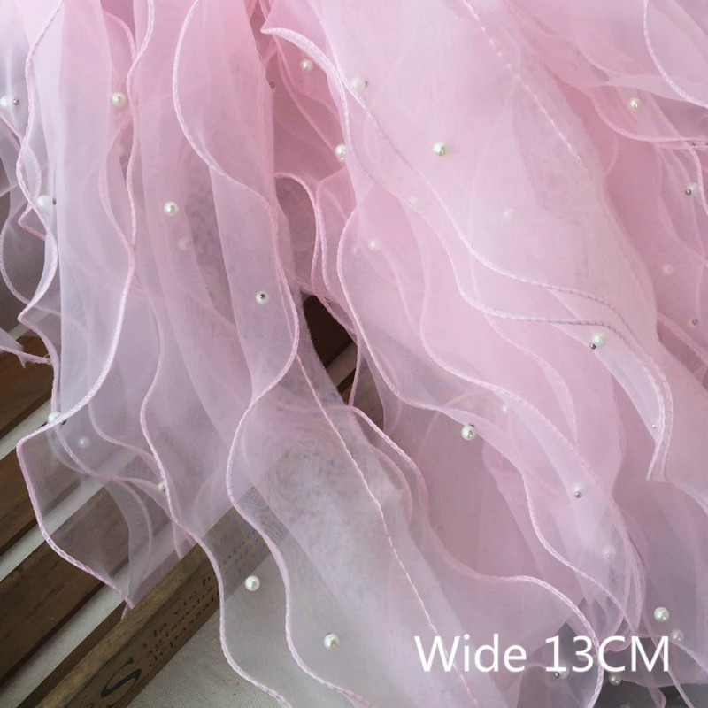 13CM Wide Three Layers Organza 3d Lace Fabric Ruffle Trim Beaded Fringe Ribbon Wedding Dress Princess Fluffy Skirts Sewing Decor