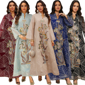 Flower Embroidery Abaya Jalabiya Dress for Evening Party