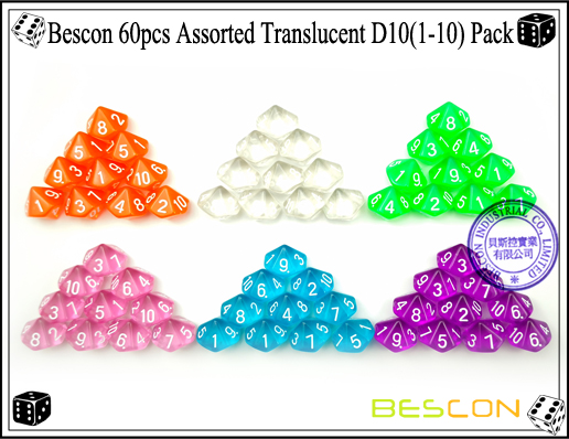 Bescon 60pcs Assorted Translucent D10(1-10) Pack-5