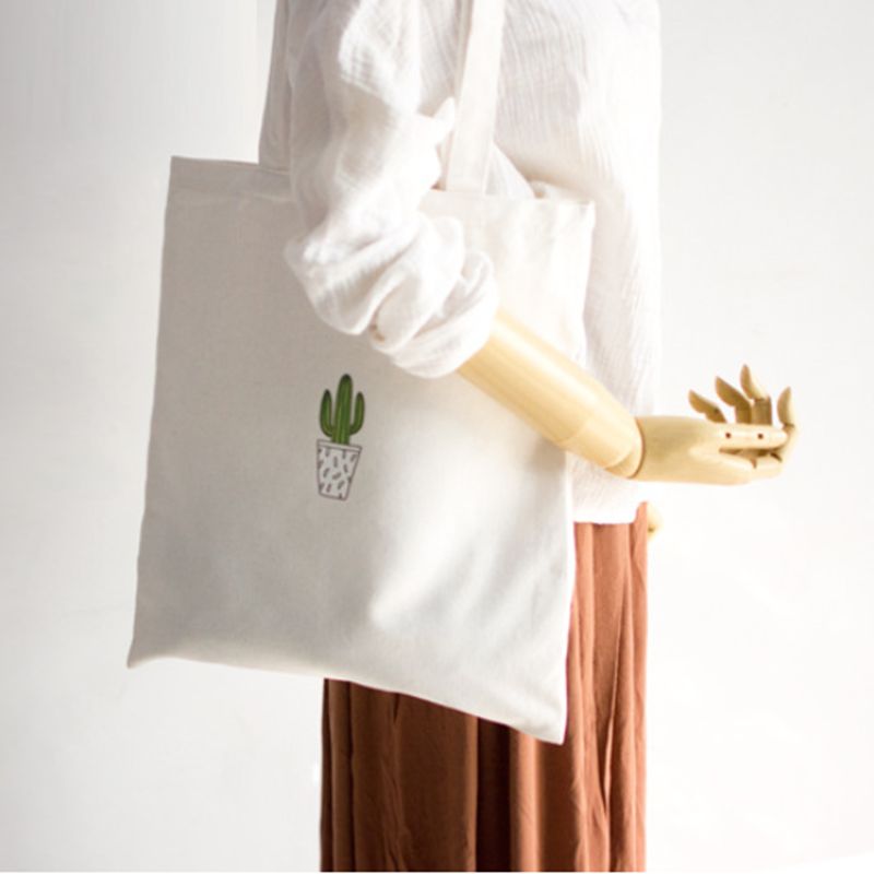 Cute Cactus Print Reusable Shopping Bag Women Canvas Tote Cartoon Printing Eco Shopper Shoulder Bags Foldable Handbag White