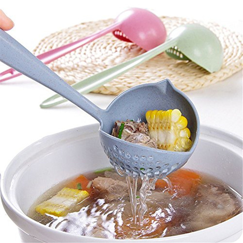 2 in 1 Creative Wheat Straw Soup Spoon Long Handle Lovely Porridge Spoons with Filter Dinnerware Kitchen Colander Tools YL899263