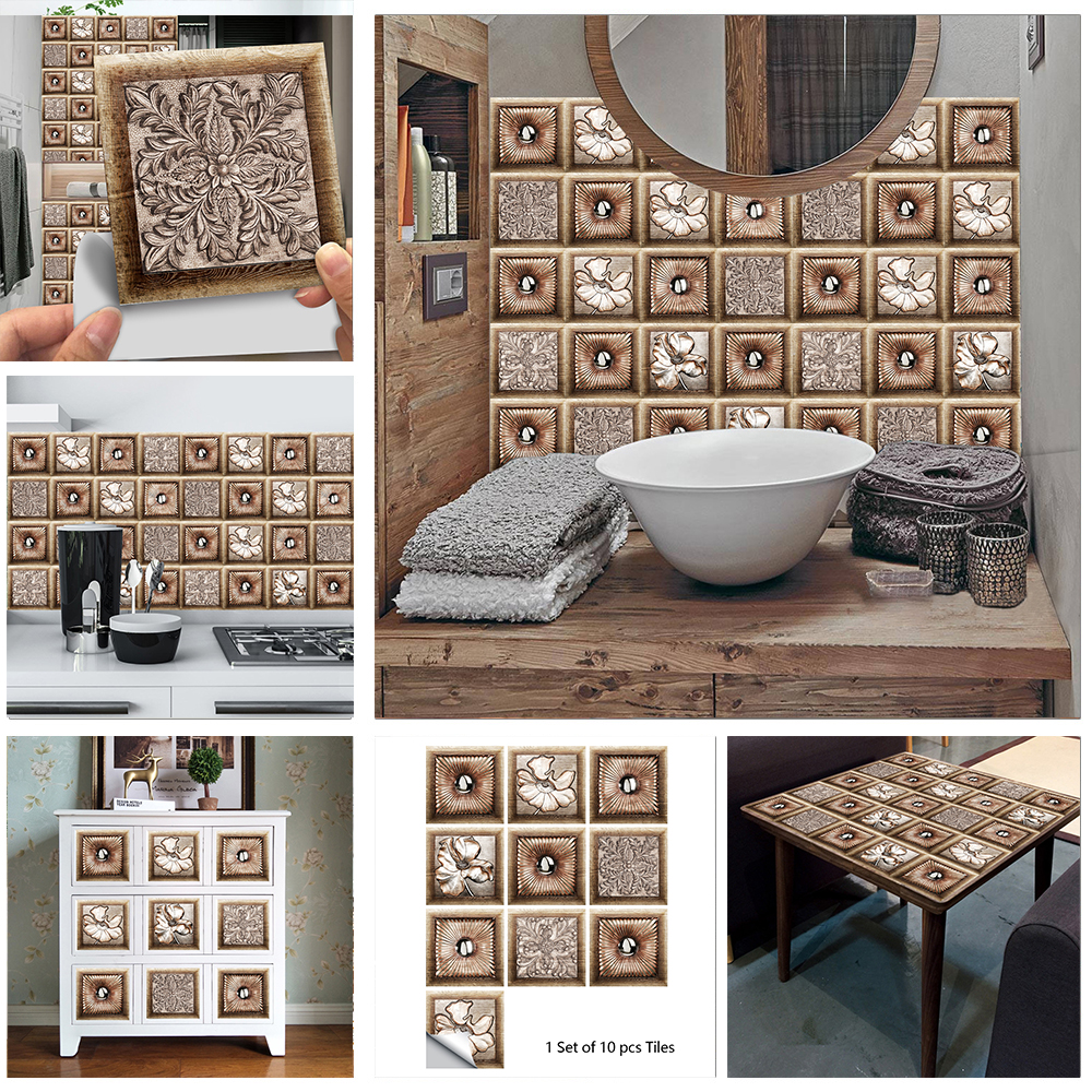 10pcs/set Brown Wood Grain Pattern Crystal Hard Tiles Wall Sticker Kitchen Wardrobe Home Decor Art Mural Peel & Stick Wallpaper
