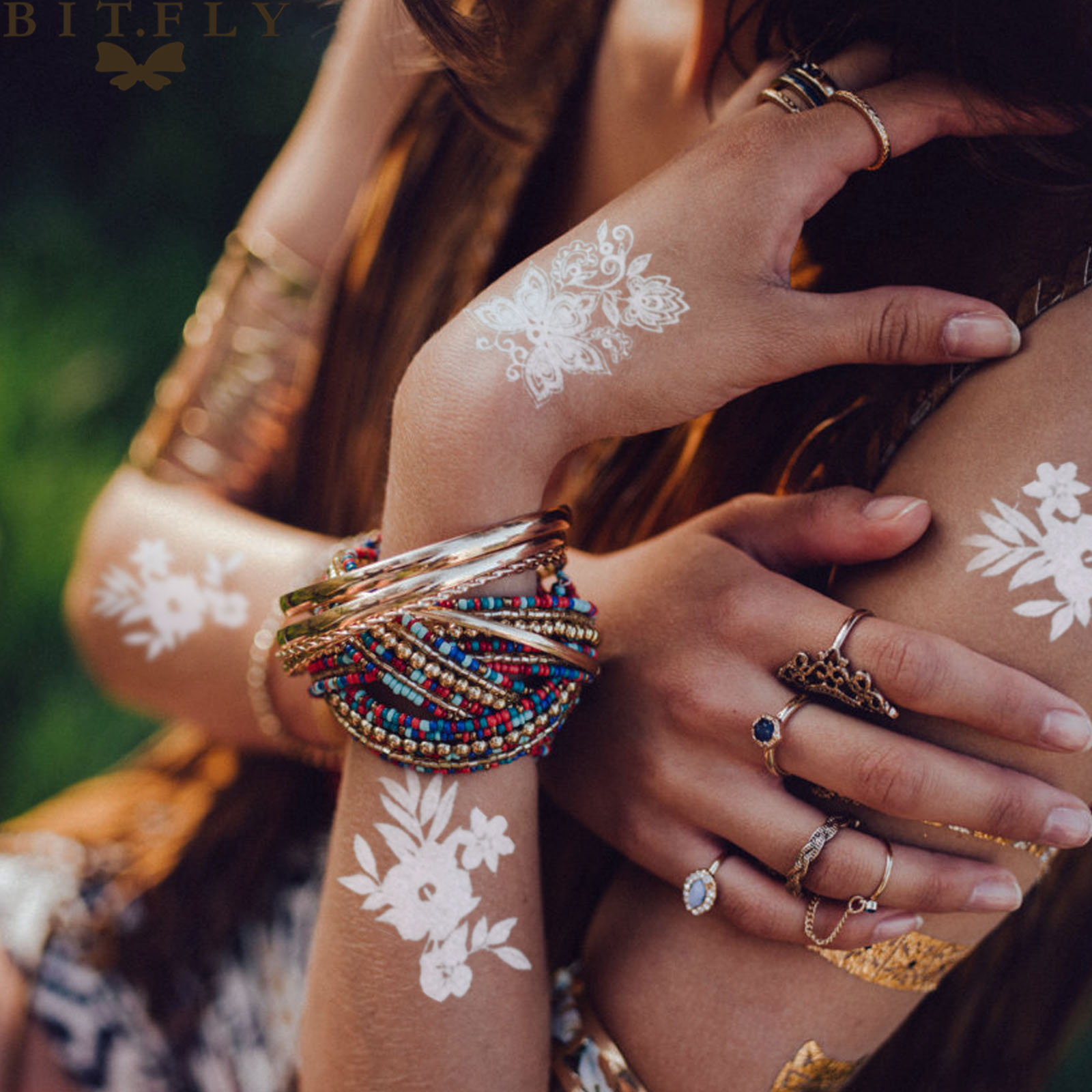 BIT.FLY 1pc Trendy Fake Flower Waterproof Tattoo Temporary White for Women Body Art Tattoo Henna Pendant Choker Jewelry Sticker