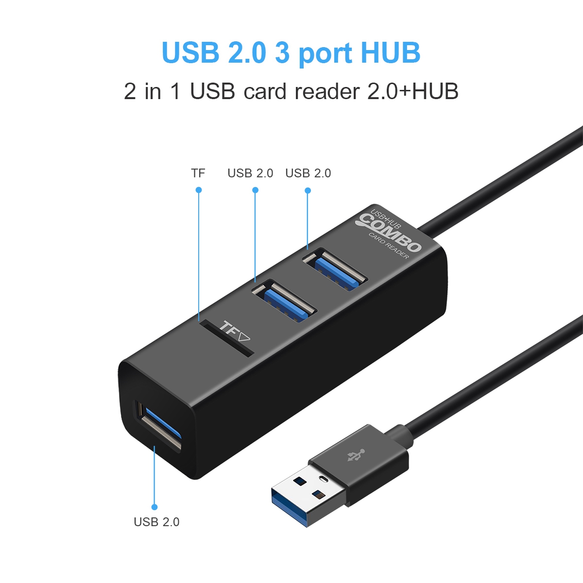 Mini 3 Ports USB Hub USB 2.0 Hub Splitter TF Card Reader Adapter For Laptop Desktop Peripherals Computer Accessories High Speed
