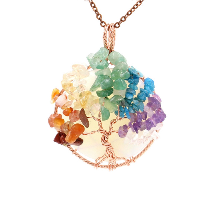 Tree of Life Wire Wrapped Natural Gemstone Healing Crystal Round Pendant Necklace