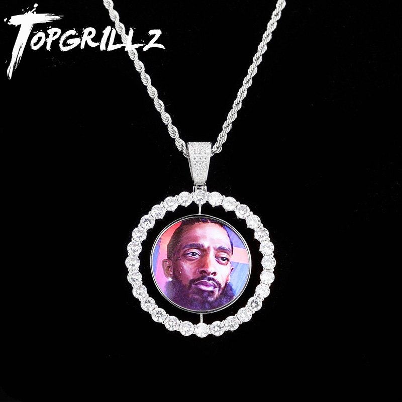 TOPGRILLZ Custom Made Photo Rotating double-sided Medallions Pendant Necklace With 4mm Tennis Chain Zircon Men's Hip hop Jewelry