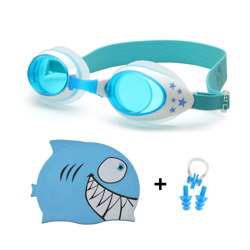 Swimming Caps Anti Fog Glasses Swim Goggles Ear Plug Protect Set Boy Girl Baby Professional Silicone Shark Pool Swim Hat Eyewear