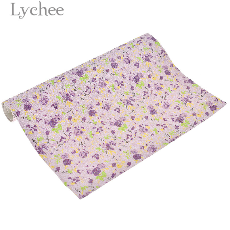 Lychee Life 29x21cm A4 Flower Printed Glitter PU Fabric High Quality Sewing Synthetic Leather DIY Material For Handbag Garments