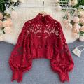Neploe Lace Sexy Hollow Out Stand Collar Shirt Solid Color 2021 All-match Zip Femme Blusas Chic Lantern Sleeve Women Blouses