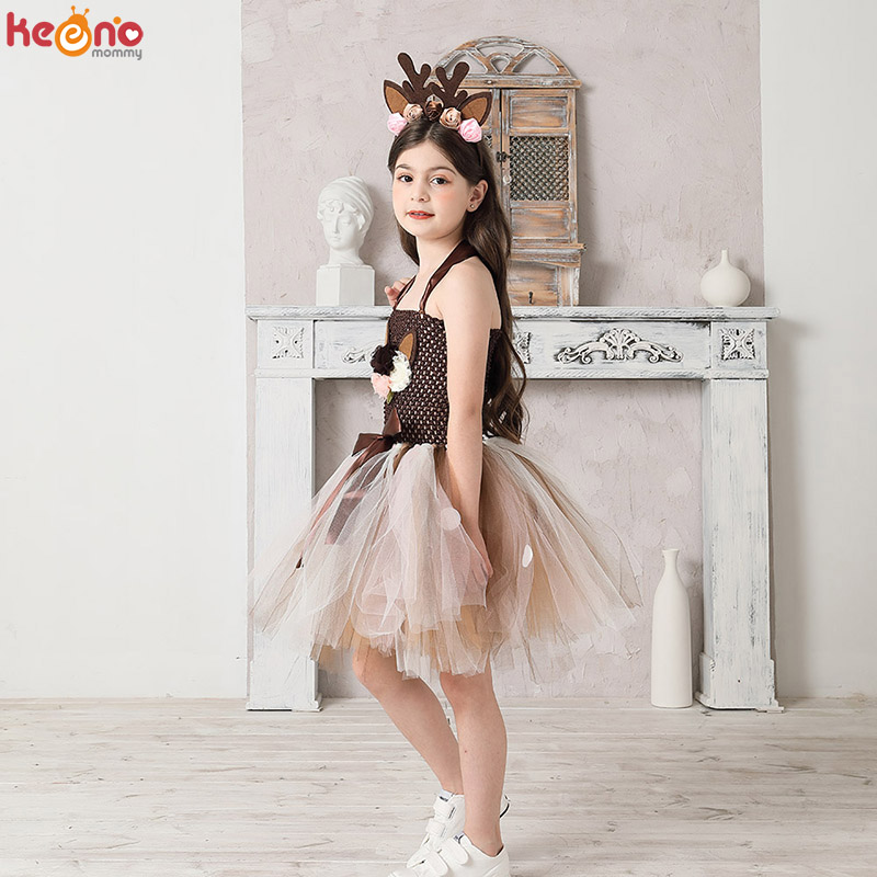 Deer Costume Girls Halloween Christmas Fancy Dress Flower Reindeer Bambi Kids Tutu Dress with Headband Children New Year Clothes