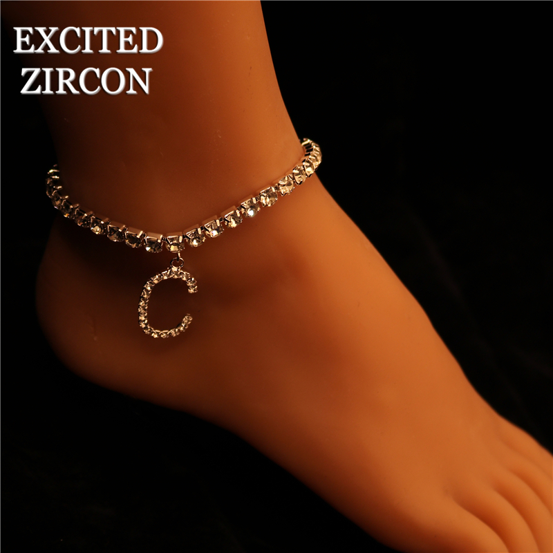 Rhinestone Letter Anklets Crystal Jewelry for Women Bling Tennis Chain Alphabet Ankle Bracelet Jewelry Fashion Gift For Women