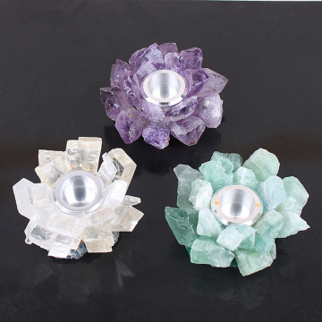 Natural Quartz Crystal Gemstone Candle Holder Amethyst Fluorite Lamp Candlestick Healing Crystal Stone Crafts Home Decoration
