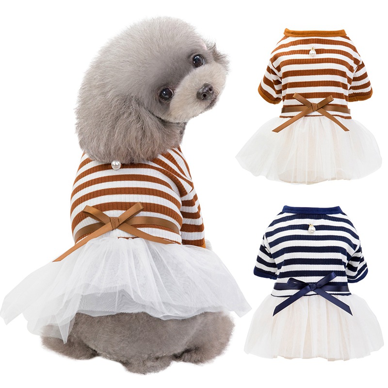 Pet Dog Stripes Pearls Gauze Tutu Dress Skirt Puppy Cat Princess Dress Clothes Cotton Short Sleeves T-shirt Apparel in stock