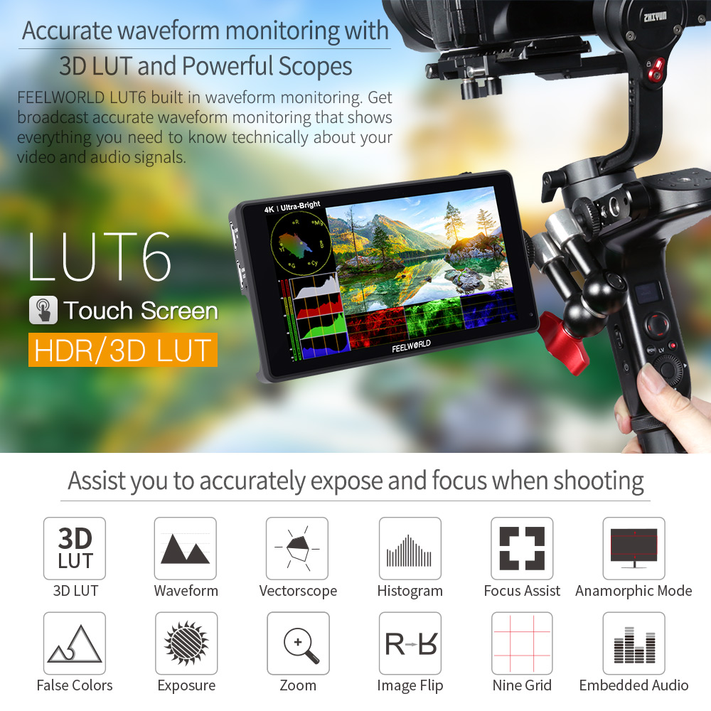 FEELWORLD LUT6 LUT6S 6 Inch 2600nit HDR 3D LUT Touch Screen on Camera Field DSLR Monitor with Waveform VectorScope for Youtube