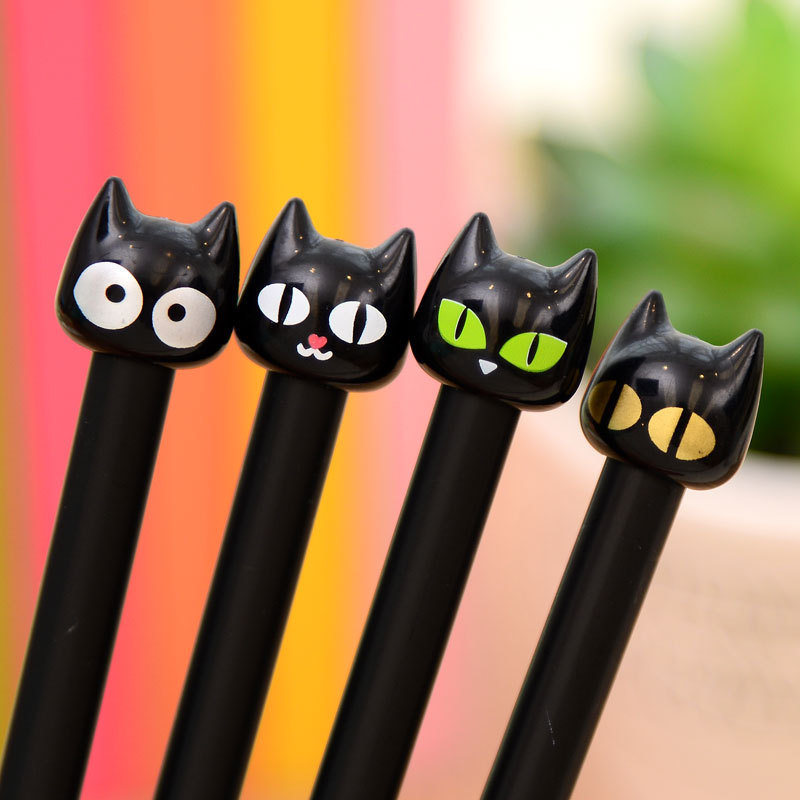 4PCS New Novelty Black Cute Cat Head Gel Ink Pen Promotional Student Gift Stationery School Office Writing Pens Creative Stylus
