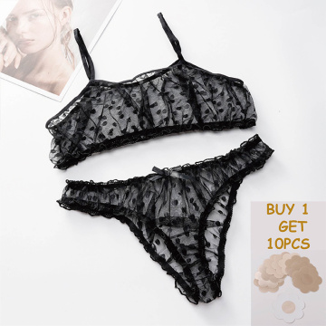 New Sexy Lingerie Underwear Polka Dot Mesh Frill Trim Lace Lingerie Set Top Lace Invisible Bra Set for Women 2020