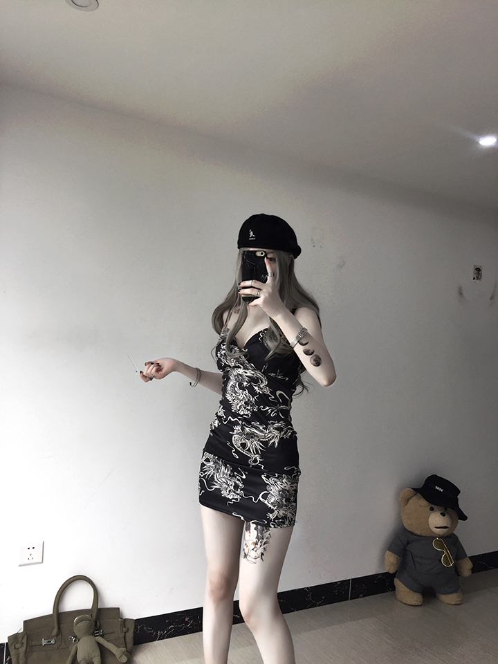 Black Women Summer Chinese Dragon Print Mini Dress Sexy Bodycon Spaghetti Strap Dress High Waist Short Dress Vestidos