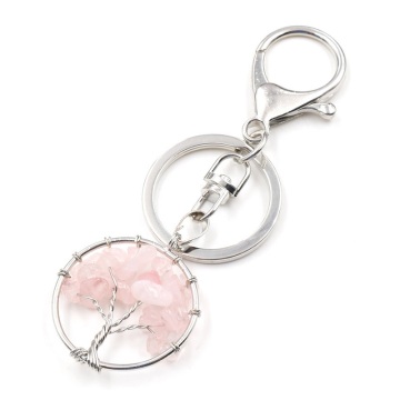 1PC Natural Crystal Rose Quartz Tree of Life Keychain Quartz Crystal Mineral Jewelry Stone Crafts Couple Decoration Gift Jewelry