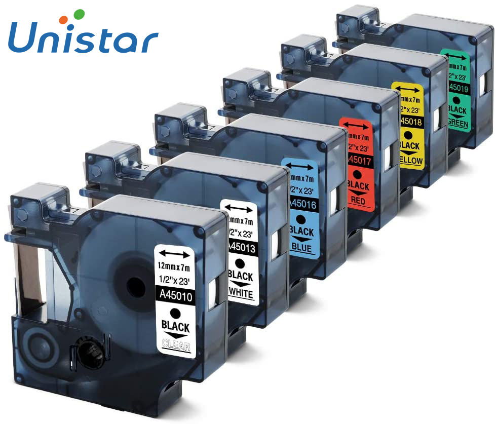 Unistar 6pcs 12mm 45013 45010 45016 45017 45018 45019 Compatible Dymo D1 45013 Label Tape for Dymo LabelManager 160 Label Maker
