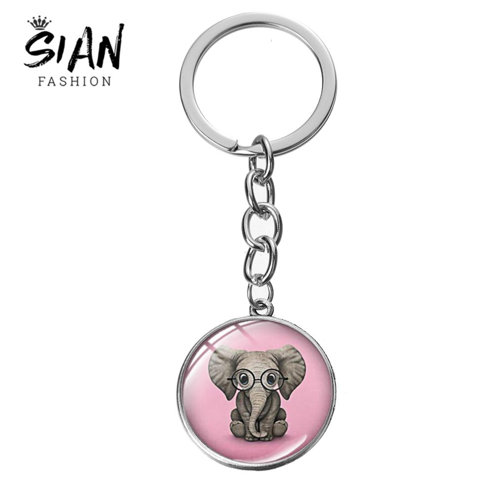 SIAN Cute Cartoon Elephant Family Keychain Lovely Animal Bronze Silver Plated Glass Key Chain Exquisite Child Lucky Accessories