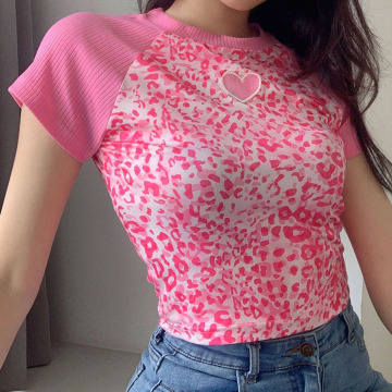 E-Girl Patchwork Leopard Pink Cropped Crop Tops Y2K Fashion Sweat Cute Short Sleeve T-shirt Ladies Fashion Casual Crop Tops Tees