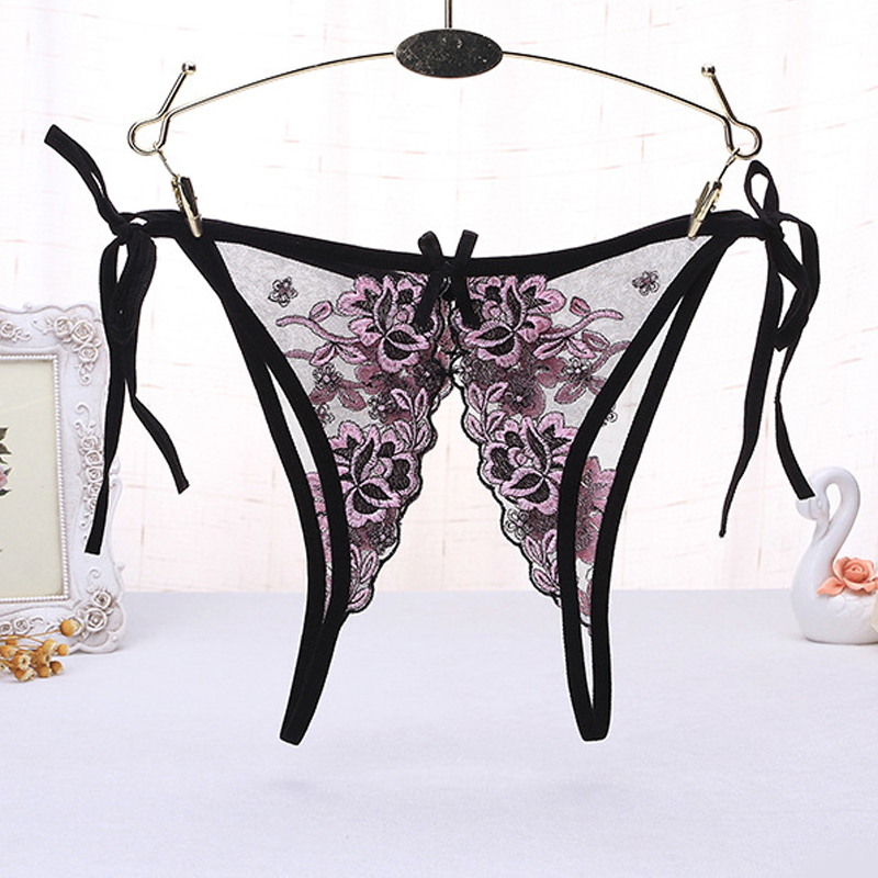 Sexy Transparent Embroidery Floral Lingerie G-String Fashion See Through Open Lace Thong Double Strap Hot Girl Underwear Panties