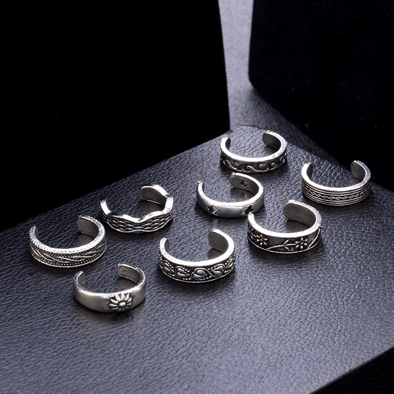 Free Shipping 8 pcs/set Carved Flower Totem Foot Ring Beach Jewelry Tibetan Silver Open Toe Rings for Women
