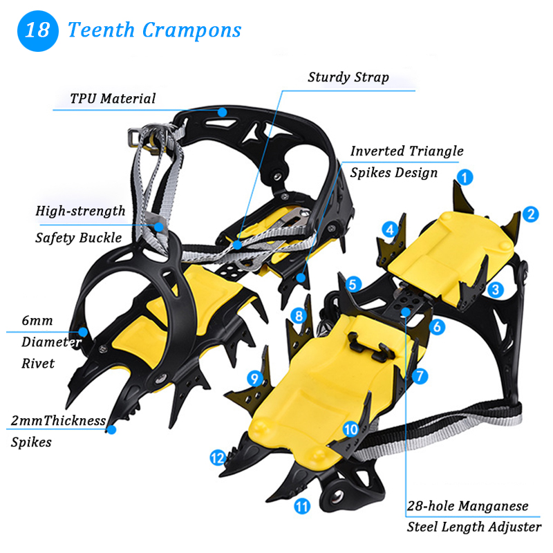 18-Teeth Climbing Anti Skid Crampons Adjustable Winter Walk Ice Claw Mountaineering Snowshoes Manganese Steel Outdoor Shoe Cover